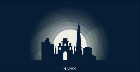 Vietnam Hanoi cityscape skyline city panorama vector flat modern banner illustration. Asian region emblem idea with landmarks and building silhouettes at sunrise sunset night