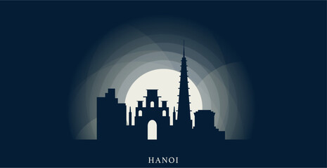 Fototapeta premium Vietnam Hanoi cityscape skyline city panorama vector flat modern banner illustration. Asian region emblem idea with landmarks and building silhouettes at sunrise sunset night