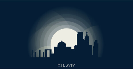 Israel Tel Aviv cityscape skyline city panorama vector flat modern banner illustration. Web jewish emblem idea with landmarks and building silhouettes at sunset sunrise night - obrazy, fototapety, plakaty