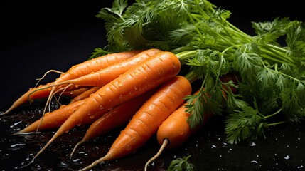 bunch of fresh carrots on a wooden table on a black background