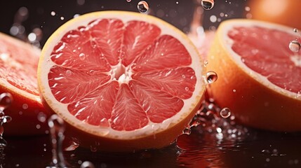 fresh grapefruits splashed with water on black and blurred background