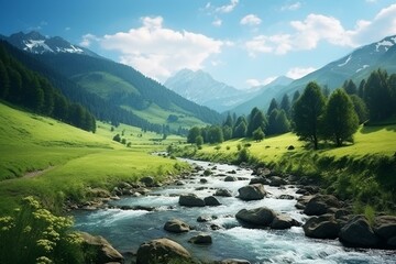 Idyllic green landscape with a flowing mountain river, forest, and hills, ideal for scenic wallpapers. Generative AI