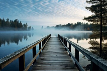 A wooden pier extends into a peaceful lakeshore. Generative AI