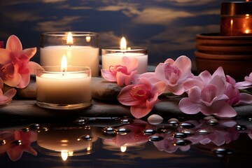 Peaceful spa setting with candles and flowers. Generative AI