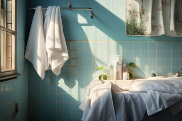 Fototapeta na wymiar Tidy sheets on hazy washroom backdrop. Generative AI