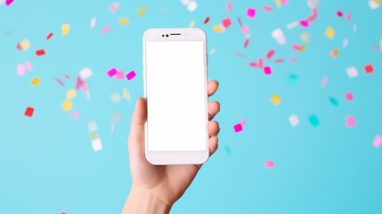 3D confetti phone celebrate party winner. Win confetti hand smartphone mockup render. Smart 3d screen surprise confetti gadget illustration. Cellphone screen background empty template. Generative AI