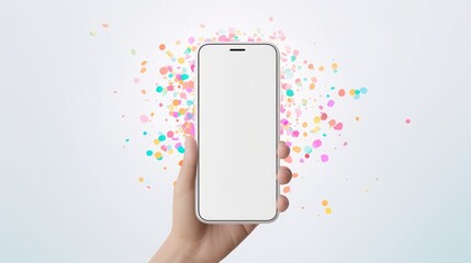 3D confetti phone celebrate party winner. Win confetti hand smartphone mockup render. Smart 3d screen surprise confetti gadget illustration. Cellphone screen background empty template. Generative AI