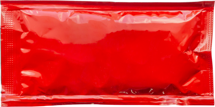 Blank red foil tomato ketchup sauce sachet package isolated on white background