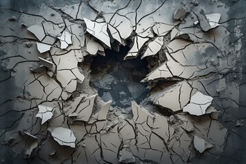 Abstract background portraying a damaged concrete wall with a cracked explosion hole. Generative AI
