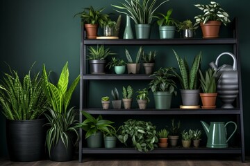 Green plants, black watering can on wooden shelves. Modern hipster room decor. Cactus, asparagus, dracaena, pothos, ivy, palm, sansevieria in pots. Generative AI