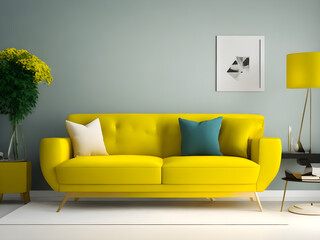 living room interior mockup with yellow sofa 3d render 3d illustration