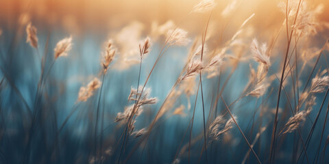 Grass in the wind, in the style of soft and dreamy tones, dark beige and dark aquamarine, whimsical dreamscapes