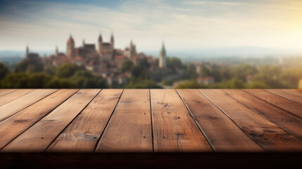 Empty wooden table top with blur background of castle