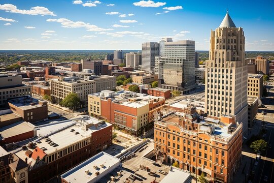Bird's-eye perspective of downtown Birmingham, Alabama, featuring cityscape and urban skyline. Generative AI