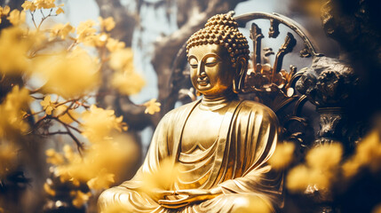 Buddha statue, golden Buddha head, focus on the golden Buddha head.
