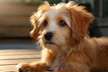 A small dog with a cute face, fluffy fur wet with water, a confused expression.