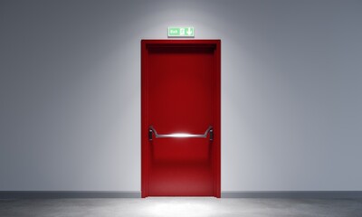 Fire exit  red door in concrete space  building. 3d rendering