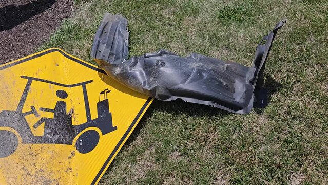 Accident scene of golf cart and golf cart crossing sign
