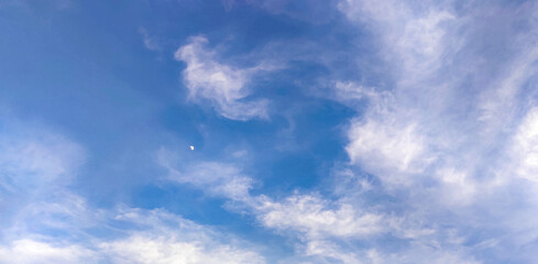 blue sky with clouds, moon in the blue sky white white cloud 