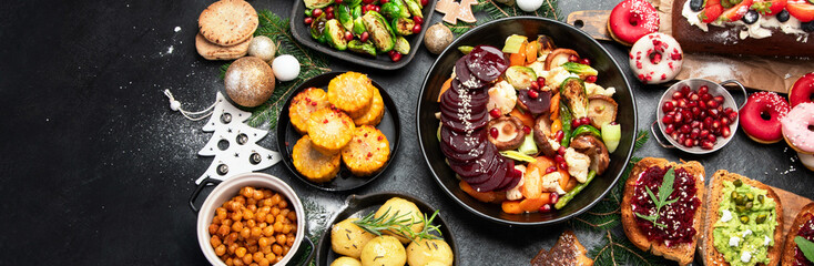 Vegetarian traditional holiday dinner,  Vegan happy Christmas food.