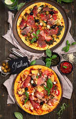 Homemade Meat Loves Pizzas with Pepperoni and Bacon.