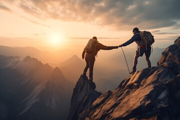 Teamwork concept with one man giving hand to friend reach the mountain top