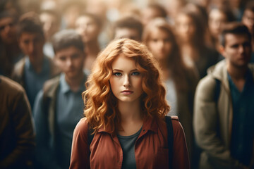 Obraz premium A woman looks directly at the camera in a big crowd of people