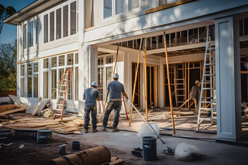 Builders Fitting Doors and Windows into a Newly Constructed House - obrazy, fototapety, plakaty