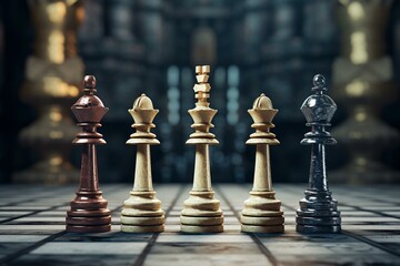 3D depiction of chess kings engaged in leadership, strategy, teamwork, victory, and defeat. Generative AI