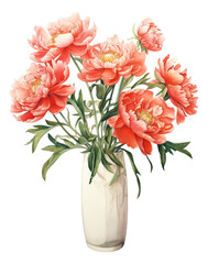 Watercolor drawings of coral peony in a tall & slender modern white vase isolated.