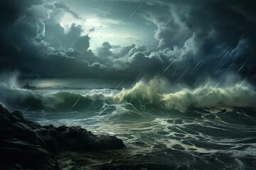 An image of a stormy ocean with thunder, rain, and a seascape. Generative AI