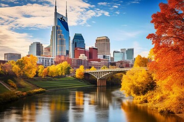 Autumnal cityscape of Nashville with vibrant trees. Generative AI