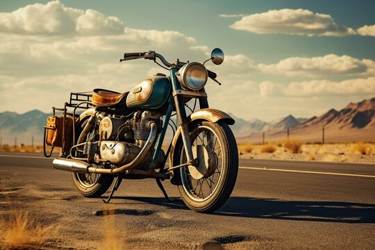 A vintage motorcycle parked on a road. Generative AI