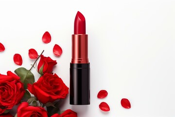 Obraz na płótnie Canvas White background with red lipstick and rose flowers. Generative AI