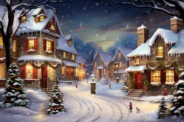 A cozy winter village adorned with snow, Christmas trees, sparkling lights, and a welcoming atmosphere. Generative AI