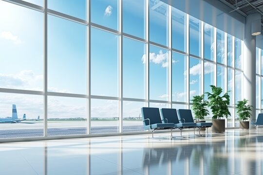 Interior of airport terminal with panoramic window and airplan