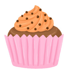 Chocolate cupcake with orange whipped cream hand drawn cartoon style isolated on a white background