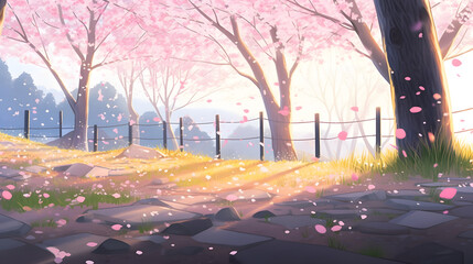 春の背景と桜の花びらの境界 No.011  Spring background with cherry blossom petals border Generative AI