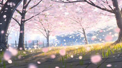 春の背景と桜の花びらの境界 No.017  Spring background with cherry blossom petals border Generative AI