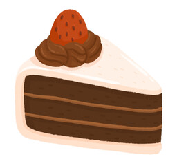 Chocolate cake with white cream and fresh strawberry hand drawn cartoon style isolated on a white background