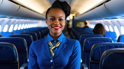 Papier Peint photo autocollant Avion African American woman flight attendant, Female airline stewardess at Airplane.