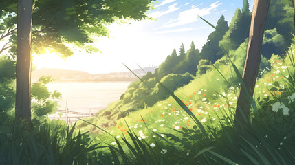 夏の背景と緑の葉の境界 No.023  Summer background with green leaves border Generative AI