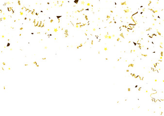Gold confetti and ribbons on white background. Vector illustration.