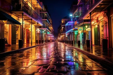 Rain-soaked Bourbon Street in New Orleans after a heavy spring downpour. Colored lights reflect off the famous street. Generative AI