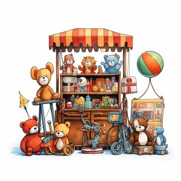 Cartoon scene with toy shop on white background - illustration for children. Used toys, teddy bears, used items are arranged on a wooden shelf. © Zuyu