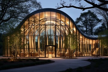 stunning frontage of structure featuring curved glass windows and pale support beams. Generative AI