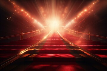 3d illustration of a vibrant red carpet leading to a bright light. Generative AI