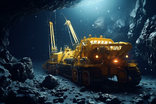 Extraction of minerals from seabed through deep sea mines using mining vehicles to collect nodules. 3D rendering. Generative AI