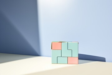 A crypto wallet made of blocks against a blue wall in minimalist style. Perfectly captures the concept of cryptocurrencies and blockchain technology