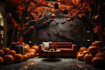 Halloween-themed room filled with festive pumpkins, surrounded by autumn foliage. A variety of orange and white pumpkins are displayed along the wall. Generative AI